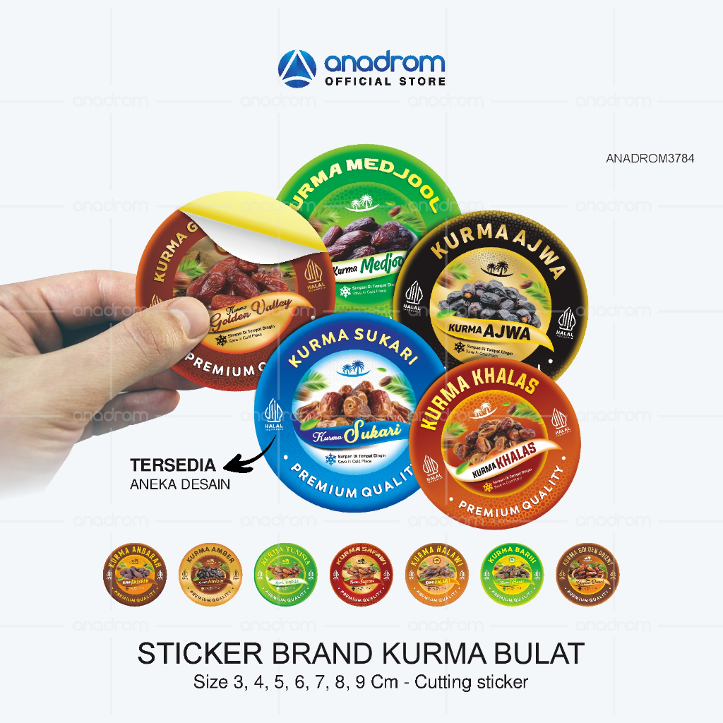 

Sticker Label brand Kurma Bulat | Sticker Kurma Bulat Aesthetic | Sticker Kurma Sukari, Khalas, Ajwa Madinah, Tunisia, Golden Valley, Golden Orient, Medjol | Anadrom 3784