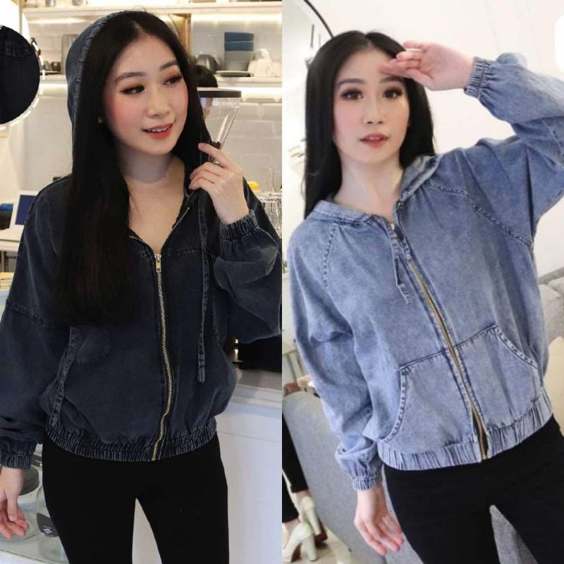 BESTPROMO Jaket jeans Wanita Hoodie sleting zipper Ld 114 Resleting kekinian