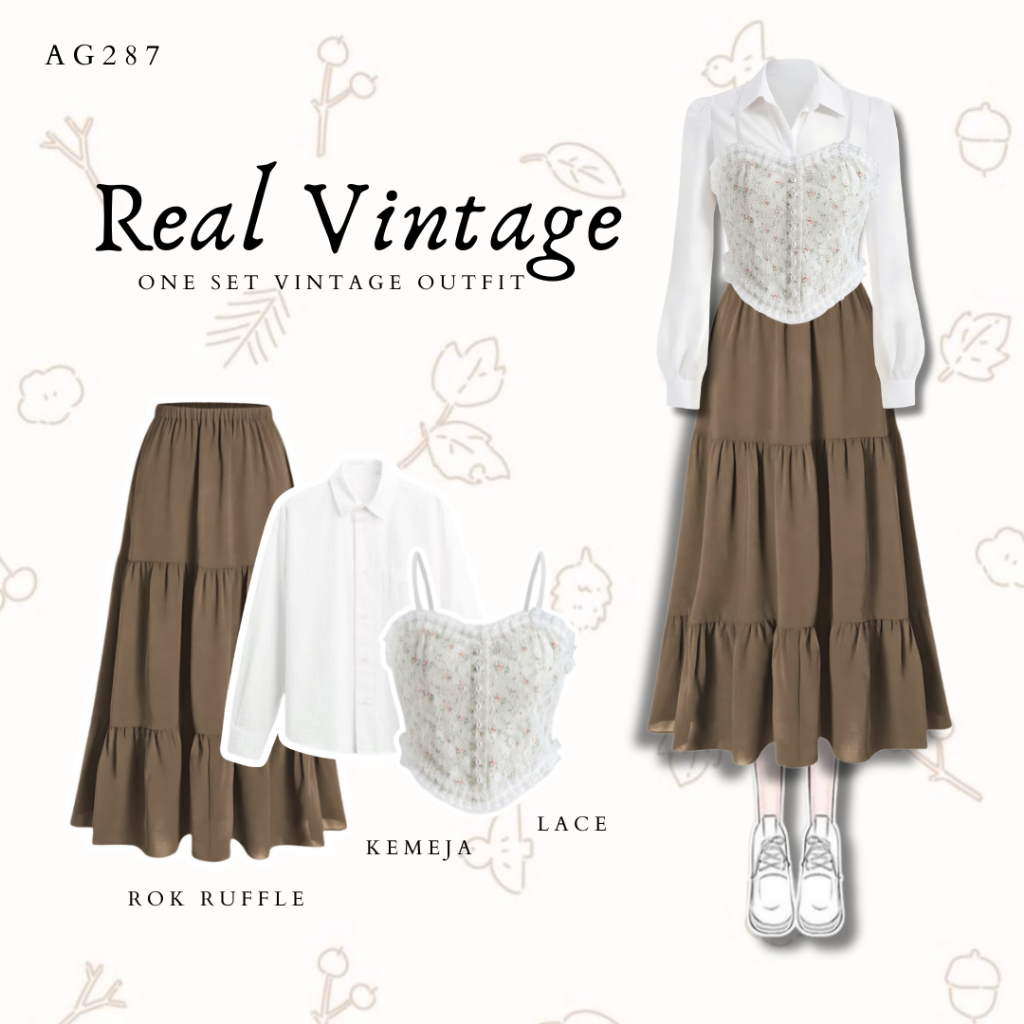 New Outfit Vintage OOTD Korean Style Kekinian | Kemeja + Lace Korean + Rok Ruffle | Outfit Piknik Ke