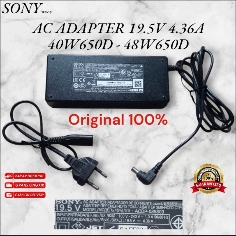 Adaptor tv led sony 40w650d atau 48w650d 19.5v 4.36a ampere bekas original bawaan tv