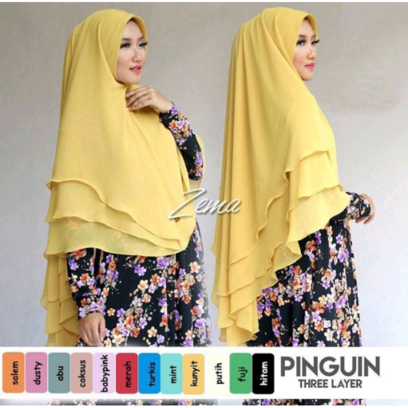 Hijab Khimar Ceruti Pinguin 3 Layer - Jilbab Instan Syari Jumbo Non Pet Murah Wanita