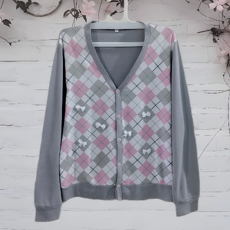 Atasan Rajut Cardigan Ketupat Pita Premium Abu2 Pink