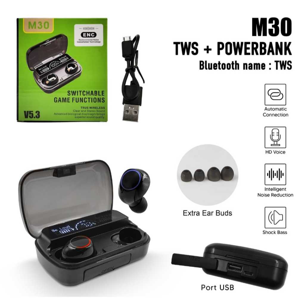 NON PACK TWS PRO M30 + POWER BANK