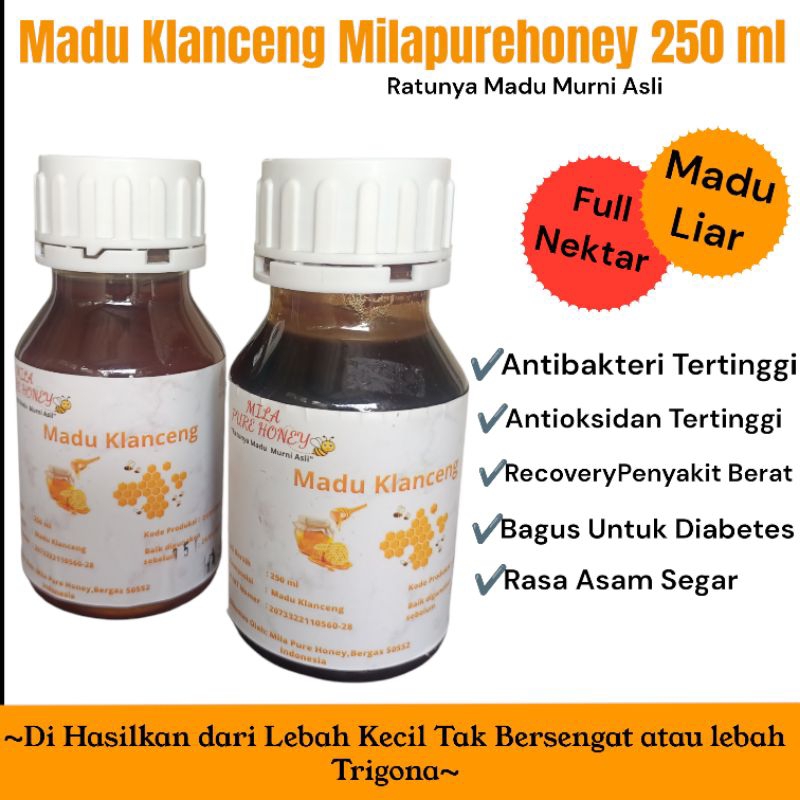 

Milapurehoney-Madu Klanceng-Madu Liar-Madu Trigona-Madu Murni Asli Tanpa Campuran 100% Alami-Full Nektar 250 ml