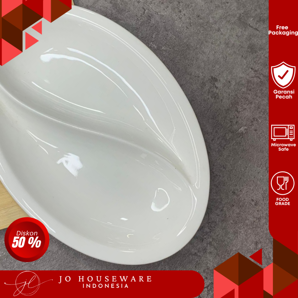 TEBUS SET 3 PCS Piring saji sekat dua keramik premium putih s ukuran 25 x 17cm piring unik hotelware