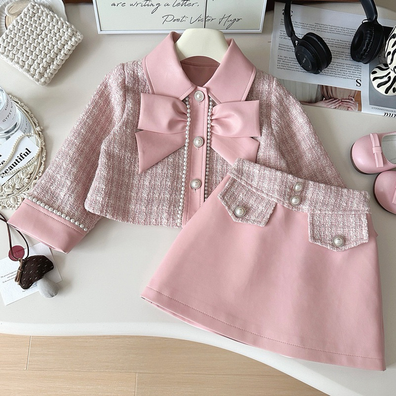 dailykids setelan Rok Tweed Kulit pink import anak perempuan