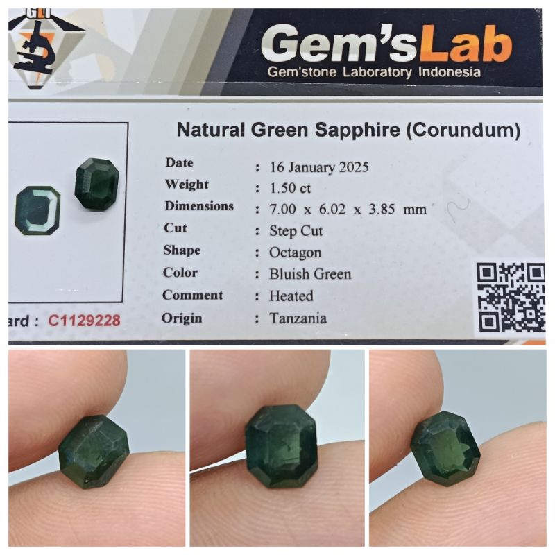Natural Green sapphire Tanzania 1,5 ct Top Color memo GLI