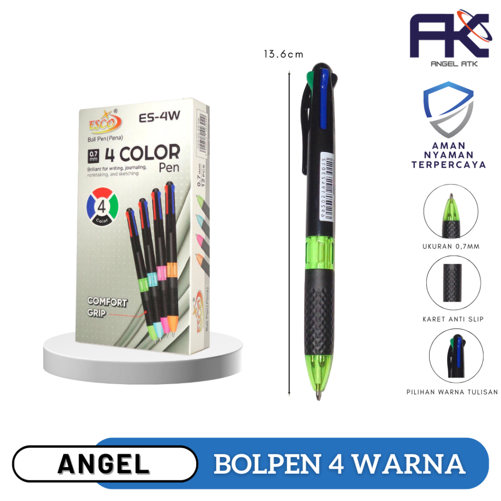 

( Bolpen 4 Warna ) Bolpen Cekrek Warna 1 Lusin isi (12 Pcs) / Esco ES-W4 / Bulpen Warna 0.7mm / Bayar Dirumah / Atk Blessing