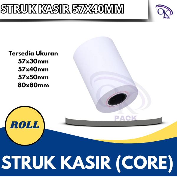 

KERTAS STRUK THERMAL PAPER ROLL 57mmx40mm TERMAL EDC THERMAL PRINTER MINI BLUETOOTH 57MM CORE Ketebala 103 micron, Diameter core 16 micron