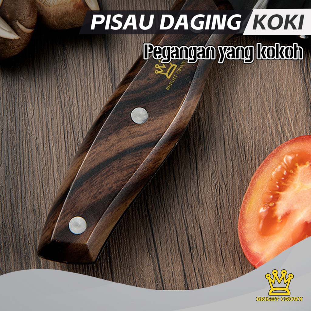 Promo Terbaru Bright Crown Set Pisau Koki Dapur Super Tajam Stainless Gagang Kayu / Golok Cacah
