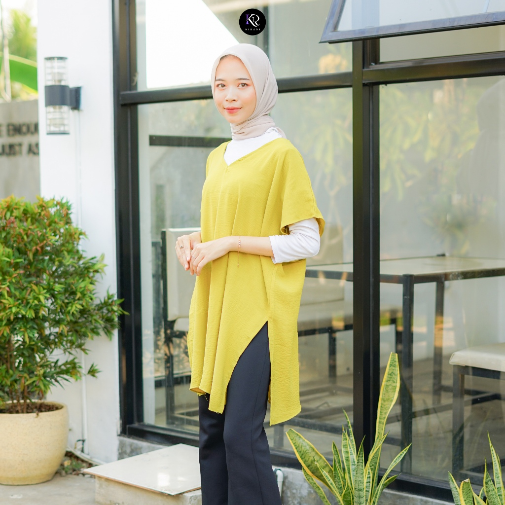 𝐊𝐈𝐑𝐀𝐍𝐈 Nagita Long Square Airflow Crincle Blouse Jumbo V-neck Oversize Tunik