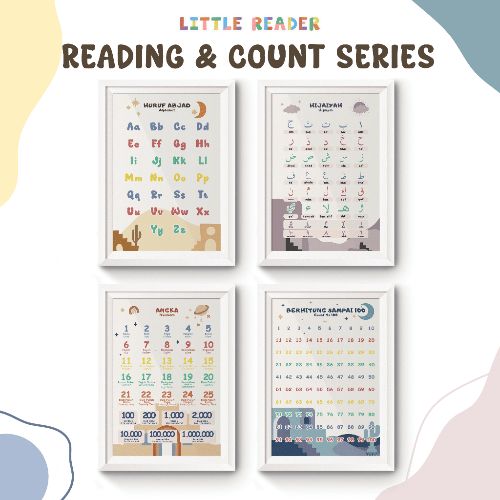 Poster Estetik Poster Anak Edukasi Belajar ABCD Hijaiyah Angka Berhitung Reading & Count Series