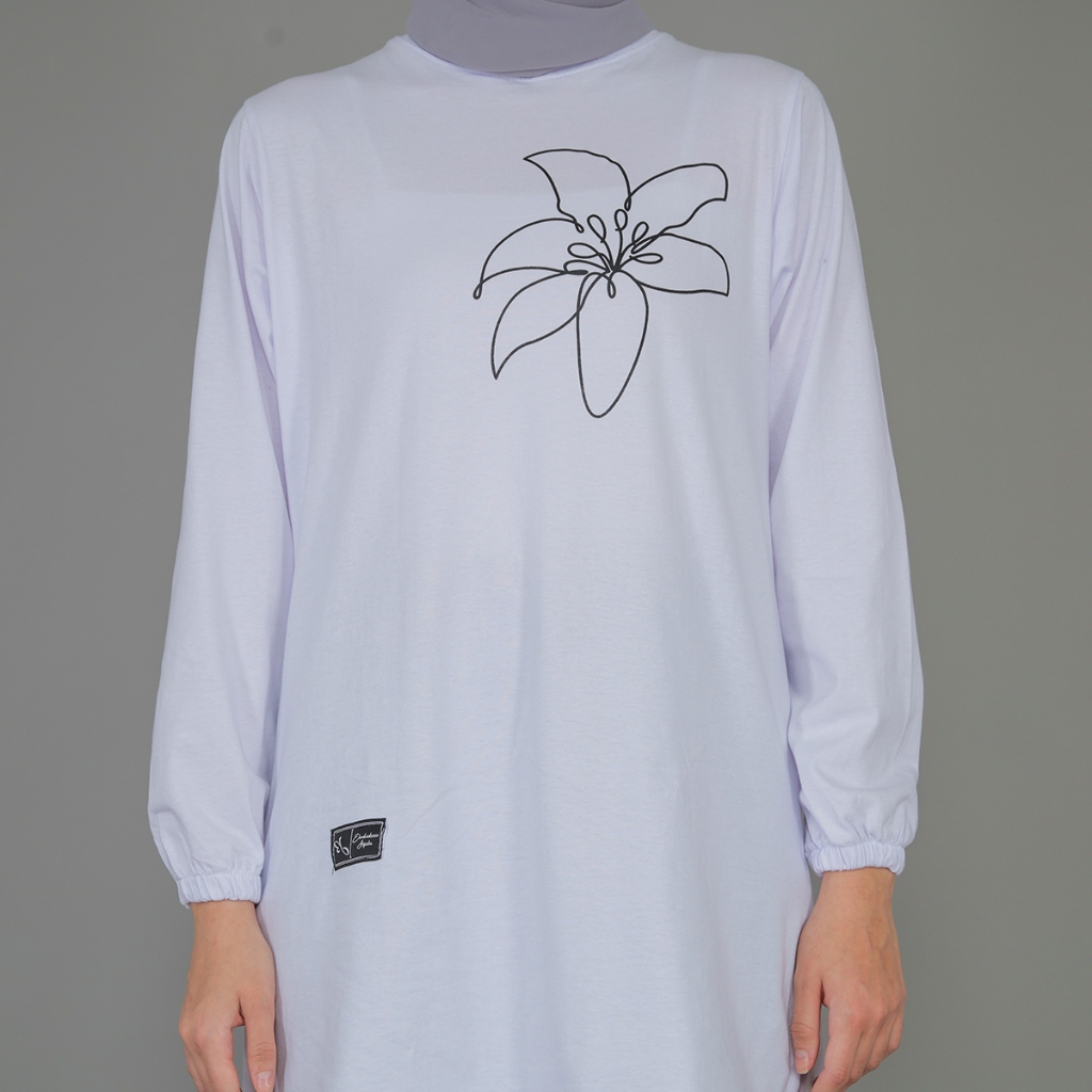 PREMIUM Kaos Tunik Kasual Motif Bunga Warna Putih Lengan Balon Atasan Wanita Terbaru Kombed 20s