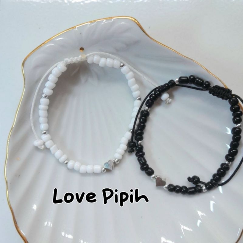[LV004] Gelang Tali Serut | Gelang Manik Love | Gelang Tali Giok 1 Layer | Beads Bracelet Black Whit