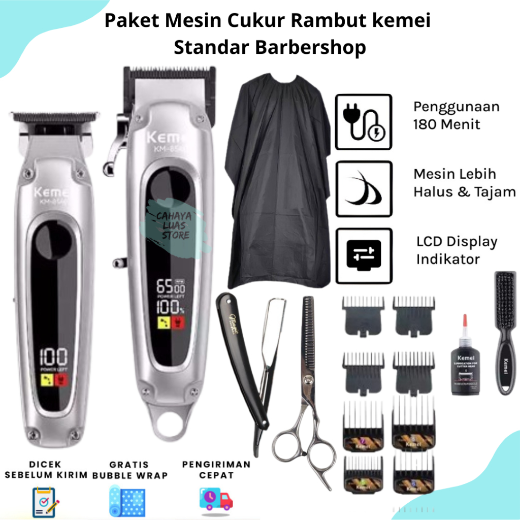 Kemei Paket Mesin Cukur Rambut Standar Barbershop Alat Cukur Rambut Set Paket Usaha Pangkas Barbersh