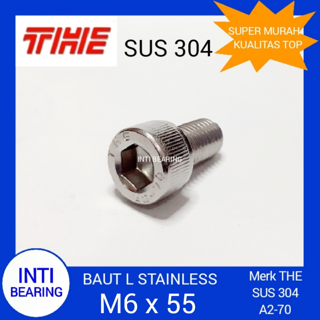 BAUT L STAINLESS M6x55 MERK THE M6 x 55 SS SUS 304 HEX SOCKET HEAD CAP SCREW KUNCI L 5 L5 PITCH 1,0 