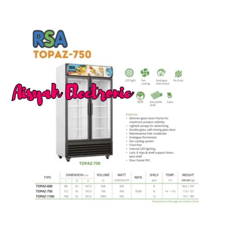 SHOWCASE RSA 2 PINTU TOPAZ-750 GARANSI 5 TAHUN