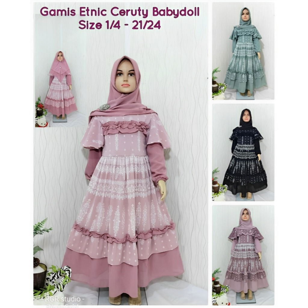 Gamis Ceruty Baby Doll Premium Etnic Model Viral Anak Perempuan Usia 3-12 Tahun | Baju Gamis Ceruty 