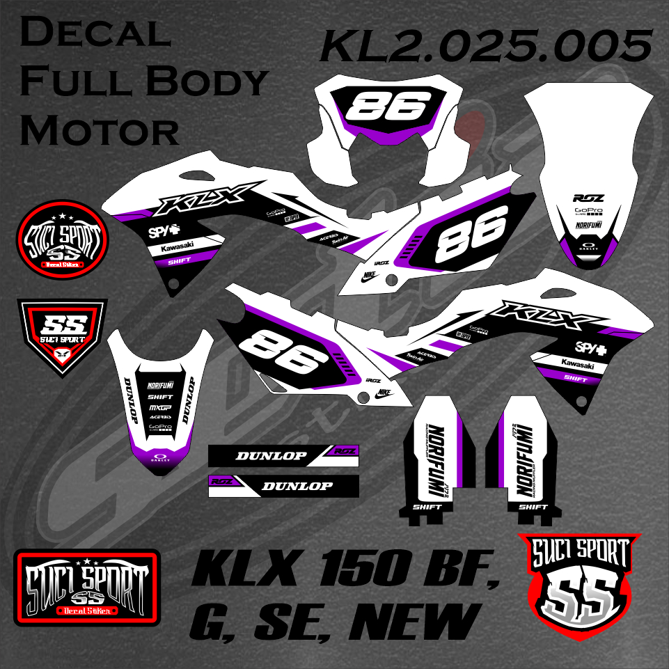 DECAL KLX BF / STICKER KLX PUTIH UNGU KLX 150 BF G SE NEW, DESAIN FREE CUSTOM (KL2.025.001)