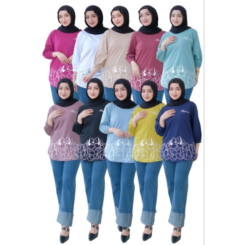 atasan kaos wanita motif bunga bawah nameera terbaru lengan 7/8 kerut