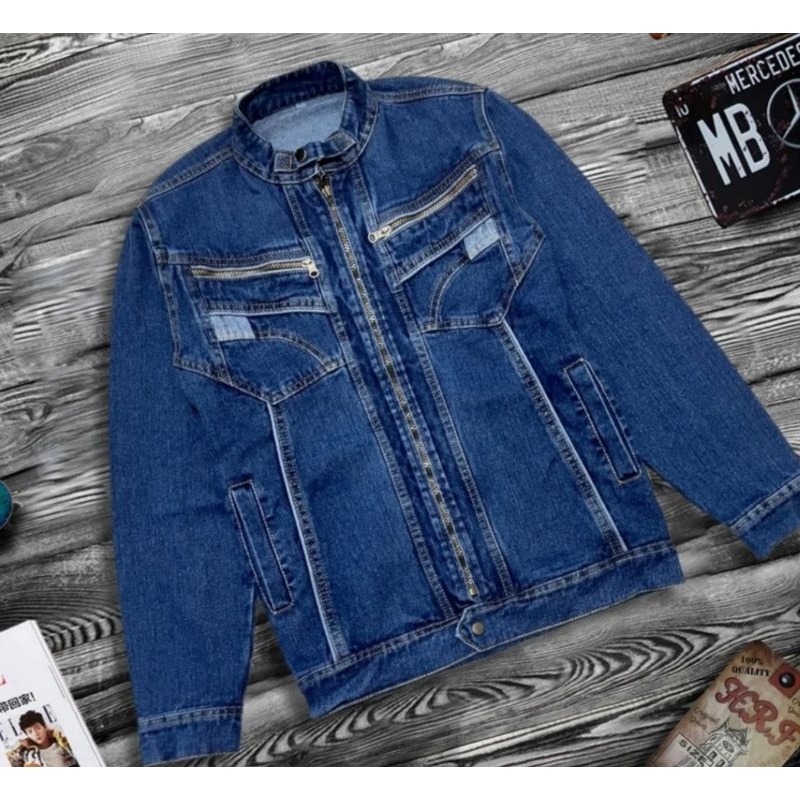 Jaket Jeans Denim Resleting Pria M L XL XXL XXXL