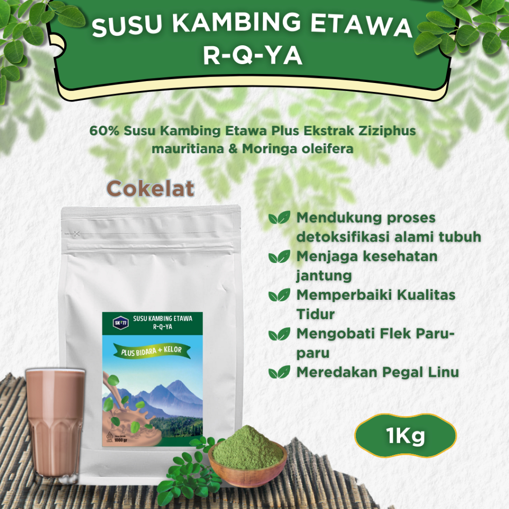 

Susu Kambing Etawa Bubuk R-Q-YA Rasa Coklat plus Bidara dan Kelor kemasan 1kg 500gr 200gr