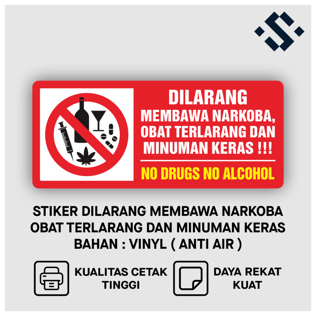 

Sticker Sign No Drugs No Alcohol Stiker Vinyl Dilarang Membawa Narkoba, Obat Terlarang dan Minuman Keras