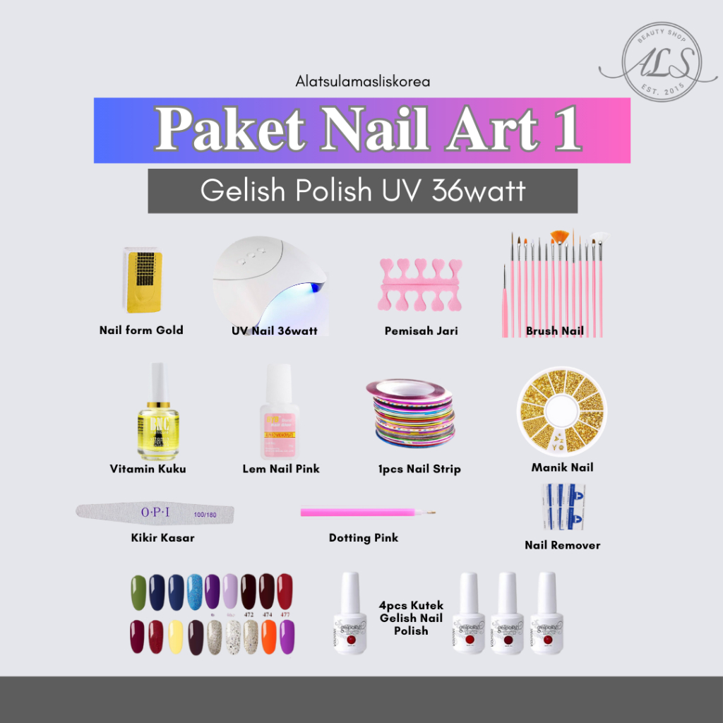 PAKET NAIL ART GEL 4WARNA LENGKAP / PAKET USAHA NAIL ART LENGKAP / PROFESIONAL NAIL ART SET GELISH