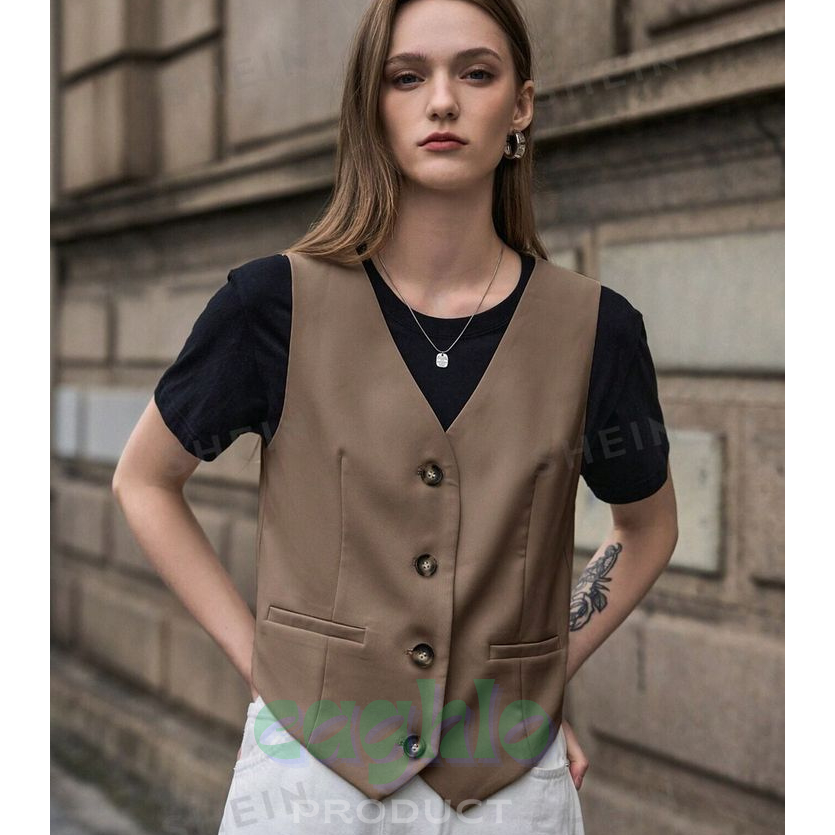 Vest Blazer Wanita Kekinian Korean Style – Rompi Jas Tanpa Lengan, Outer Stylish Hijab, Warna Coklat