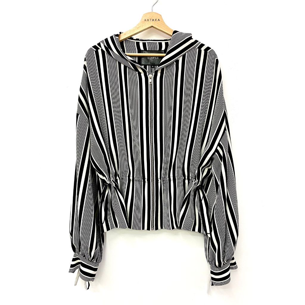 Black White Zipper Adjustable Oversized Jacket - Ukuran M - ARTKEA Stripes for GADIS Special Sale