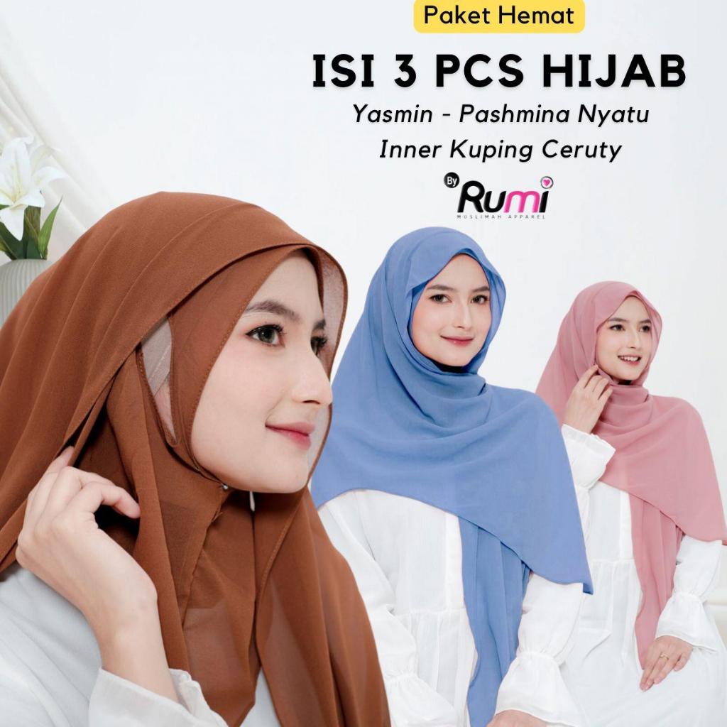 RUMI HIJAB - PROMO BUNDLE ISI 3 PCS RUMI HIJAB - Yasmin Jilbab Pashmina Inner Kuping Instan Menutup 