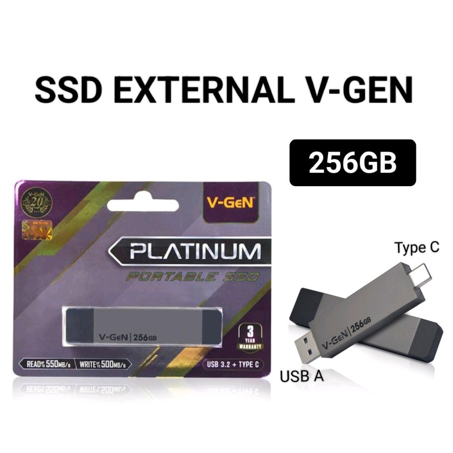 SSD EXTERNAL 256 GB VGEN SSD Portable V-Gen 256GB USB 3.2 AND TYPE C Platinum ORIGINAL