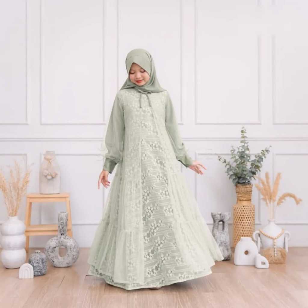 Ellea Dress Kids Bahan velvet mix brukat + outer tille Gamis Brukat Cantik Anak Perempuan