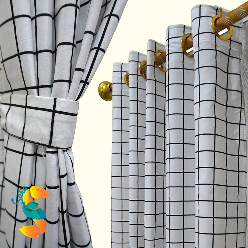 Gorden Pintu Dan Jendela Aesthetic Motif Kotak Kotak Hitam Putih Gorden 12 Ring