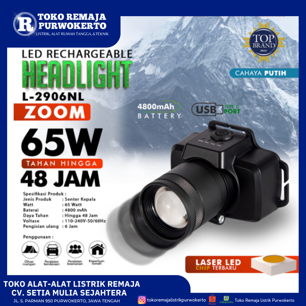 Senter Kepala ZOOM LUBY 65 Watt / HEADLAMP ZOOM LUBY L2906/2906/2906NL