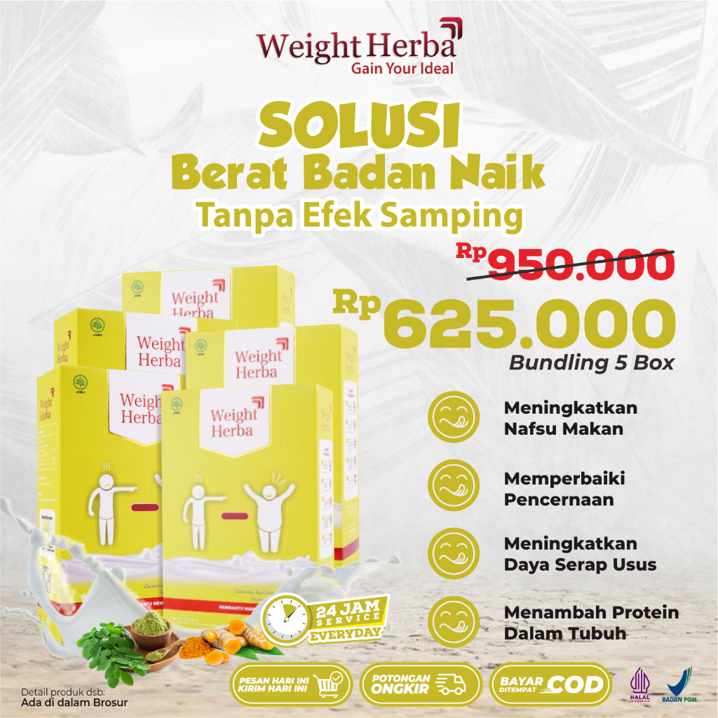 

TERLARIS!!!! (5 BOX) Weight Herba Susu Penggemuk Badan Tanpa Gula Isi 200gr Herbiology HALAL MUI