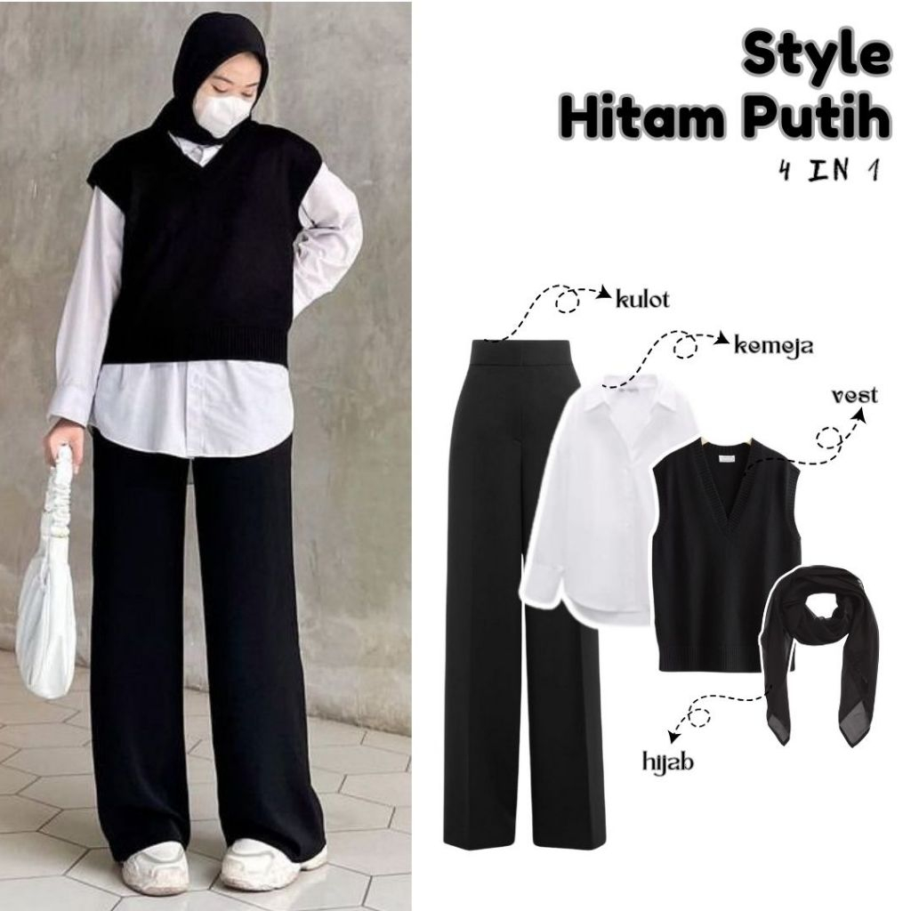 ✅Style Vest Hitam Putih (Rompi Rajut + Kemeja+ Celana+ Hijab) ONE SET Cewek Kasual OOTD Baju Lebaran