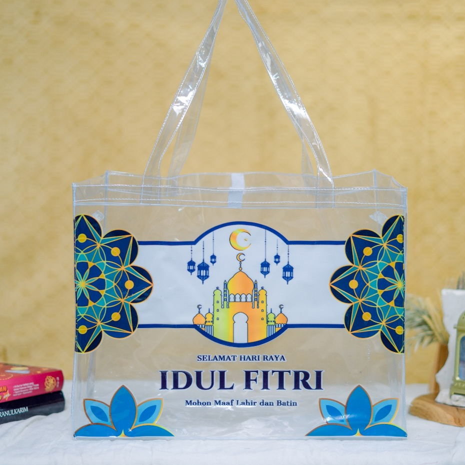 Tas Lebaran Mika Print Transparan Ready Stok Ukuran Jumbo, Tas Parcel Lebaran Idul Fitri Muat Sembak