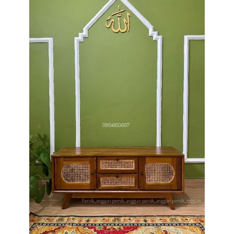 Buffet Meja TV Kayu Jati Kombinasi Rotan