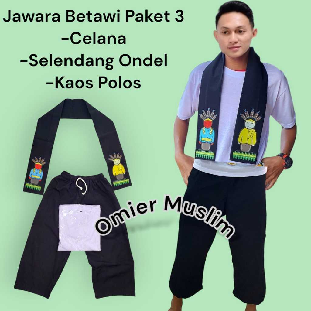 Setelan Baju adat Jawara Betawi dapat Celana Pangsi Selendang Ondel dan Kaos Polos