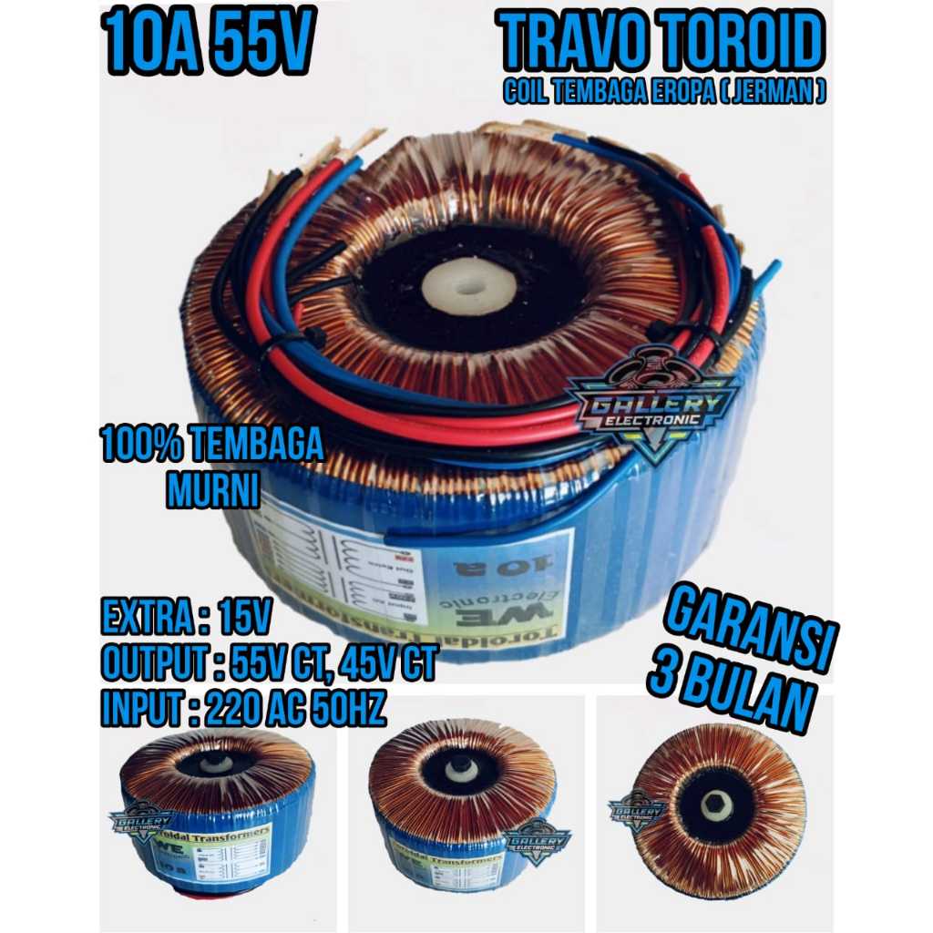 Travo Balap / Travo Donat / Trafo Toroid 10 Amper Besar CT 55V 45V Tembaga Murni HELENIC Jerman