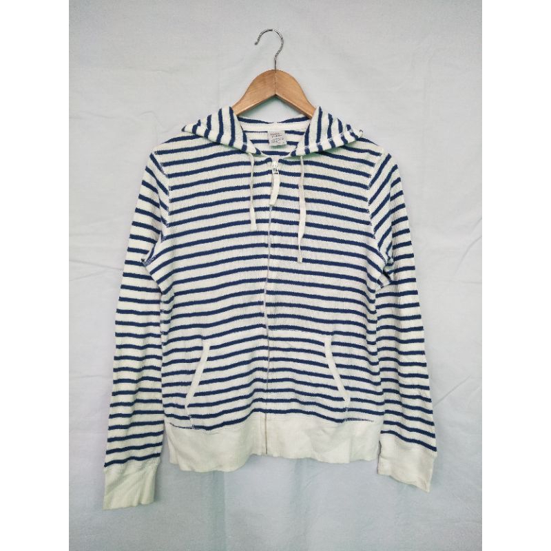 jaket zipper hoodie stripe garis biru putih uniqlo second original