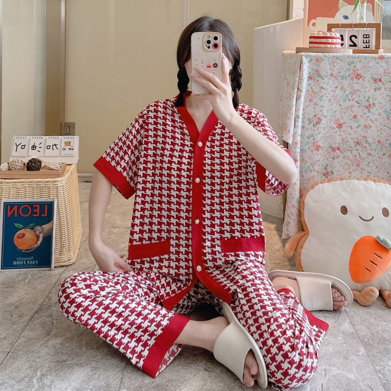 Piyama Baju Tidur Wanita Import Quality Motif Kotak Kotak Merah Bahan Satin Silk