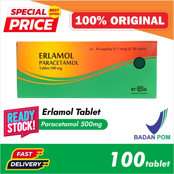 (BISA COD) ERLAMOL Paracetamol Tablet 500 mg - 1 Box 100 Tablet