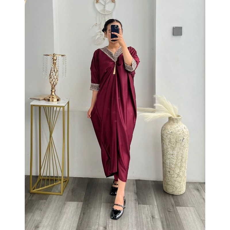kaftan satin premium | kaftan lebaran jumbo busui cantik modis mewah simpel konveksi tasikmalaya