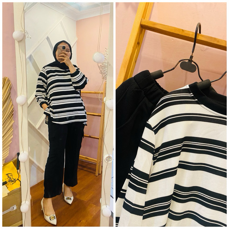 set Kaos Garis-Garis Wanita Lengan Panjang