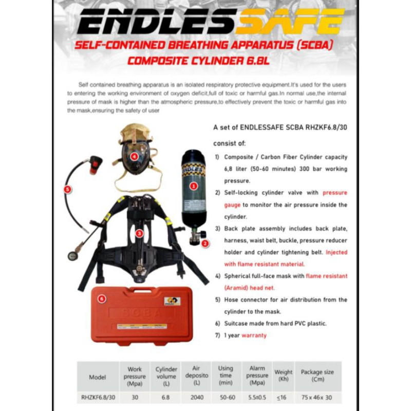 Breathing Apparatus SCBA Composite Cylinder 6,8 Liter / SCBA ENDLESSAFE RHZKF6.8/30 / SCBA ENDLESSAF