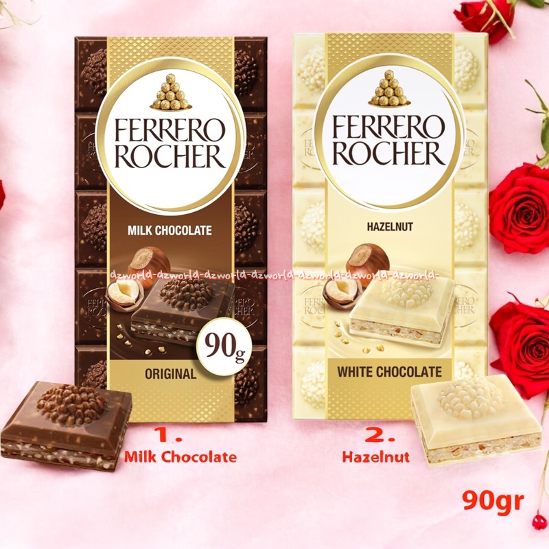 

Ferrero Rocher 90gr Original Milk White Chocolate Hazelnut Coklat Putih Kemasan Batang Batangan Bar Ferero Rocer