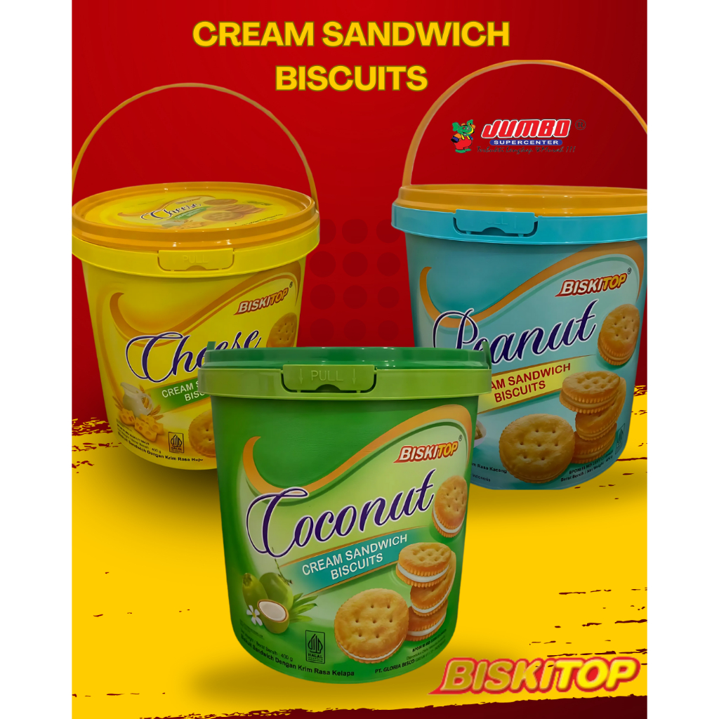 

BISKITOP Cream Sandwich Biscuits 400gr/ Biskuit Sandwich dengan Isi Krim/ Kue Lebaran/ Kue Ember Bulat