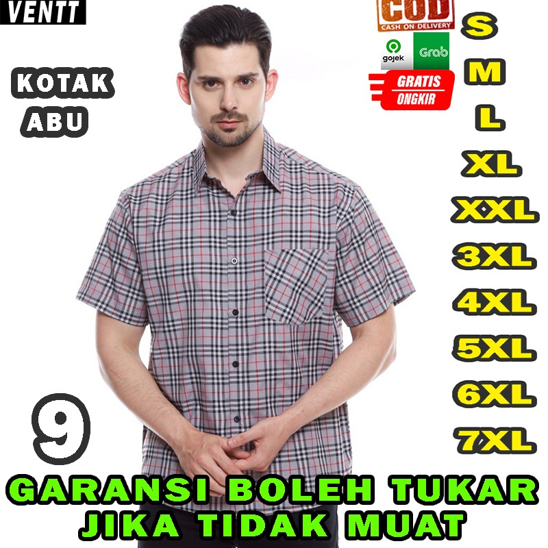 kemeja kotak kotak hem baju pria  laki jumbo big size cowok abu abu 3xl 4xl 5xl 6xl pendek ventt